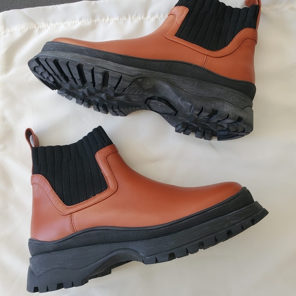 new Staud Bow Lug-Sole Rib-Knit Sock Ankle Leather Boots - Picture 8 of 13